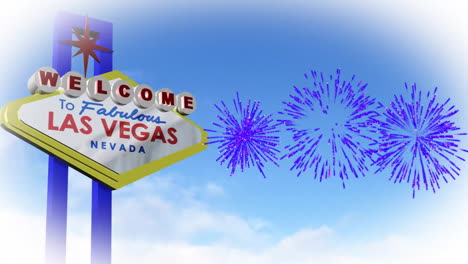 Animation-of-welcome-to-las-vegas-neon-sign-and-fireworks-on-blue-background