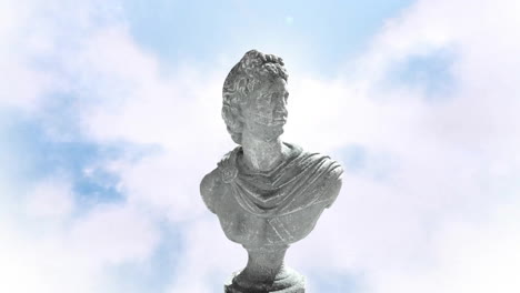 Animation-of-gray-sculpture-of-man-over-blue-sky-and-clouds