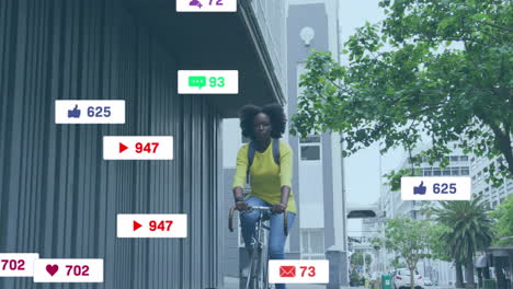 Animation-of-social-media-notifications-over-african-american-woman-on-bike-in-city