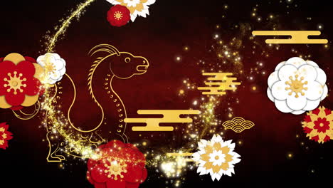 Animation-of-dragon,-shooting-star-over-chinese-pattern