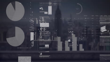Animation-Von-Statistiken-Und-Finanzdatenverarbeitung-über-Dem-Stadtbild