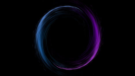 Animation-of-glowing-circle-of-purple-and-blue-light-trial-with-copy-space-on-black-background