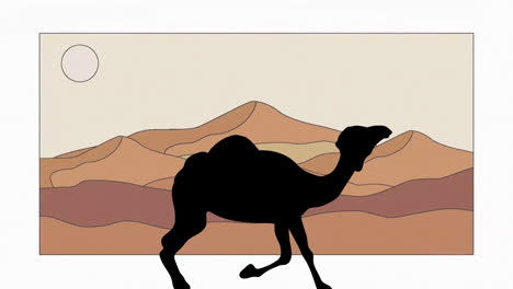 Animation-of-silhouette-of-camel-over-mountains-on-brown-background