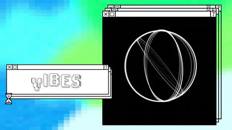 Animation-of-vibes-text-and-spinning-rings-on-windows-with-egg-timer-over-colourful-computer-desktop