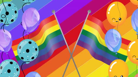 Animation-Von-Pride-Flaggen-Und-Luftballons-Auf-Regenbogenhintergrund