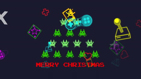 Animation-of-merry-christmas-text-over-video-game-christmas-tree-on-black-background
