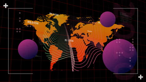 Animation-of-world-map-and-data-processing-on-black-background