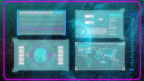 Animation-Von-Bildschirmen-Mit-Datenverarbeitung-über-Einem-Globus-Auf-Dunklem-Hintergrund