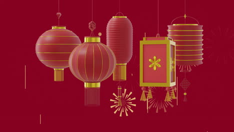 Animation-of-lanterns-and-chinese-pattern-with-copy-space-on-red-background