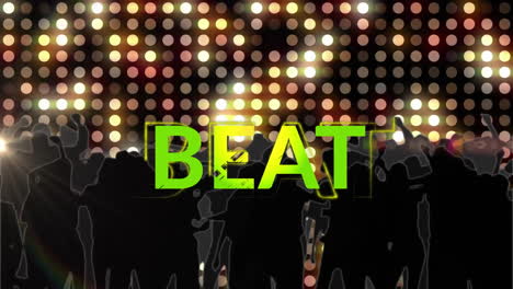 Animation-Von-Beat-Text-über-Silhouetten-Tanzender-Menschen-Und-Blinkenden-Lichtern-Auf-Schwarzem-Hintergrund