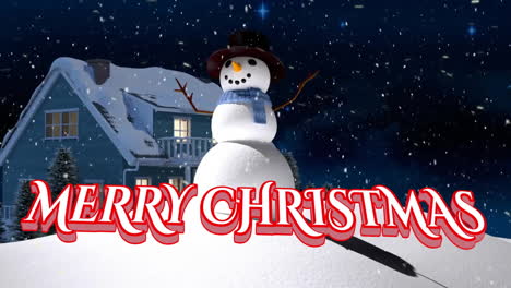 Animation-of-merry-christmas-text-and-snow-falling-over-snowman-and-winter-scenery