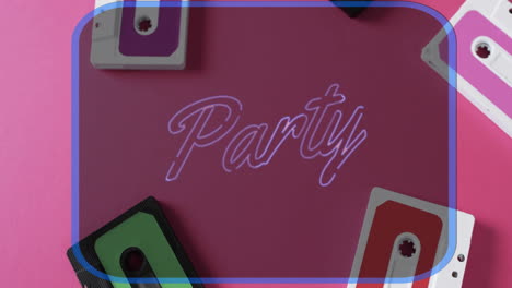 Animation-of-party-text-and-frame-over-tape-on-pink-background