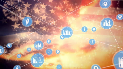 Animation-Eines-Globalen-Daten--Und-Mediennetzwerks-über-Dem-Sonnenuntergangshimmel-Und-Der-Amerikanischen-Flagge