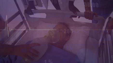 Diverse-doctors-walking-with-patient-in-bed-with-oxygen-mask-over-cardiograph-and-data-processing