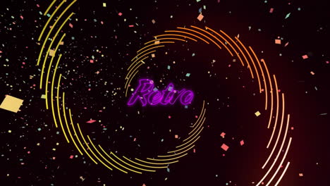 Animation-of-retro-text-over-confetti-and-shapes-on-black-background
