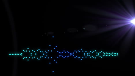 Animation-of-moving-dots-forming-sound-waves-with-lens-flares-against-black-background