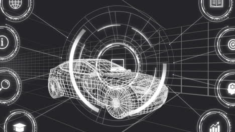 Animación-Del-ícono-De-La-Computadora-Portátil-En-Círculos-De-Carga-Y-Diagrama-De-Flujo-De-íconos-Sobre-El-Modelo-3d-Del-Automóvil