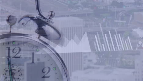 Animation-of-alarm-clock-moving-fast-over-statistics-and-cityscape