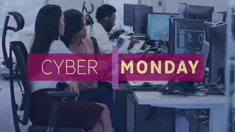 Animation-of-cyber-monday-text-over-diverse-colleagues-discussing-work-in-office