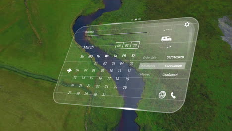 Animation-of-digital-interface-with-calendar-over-landscape-with-river