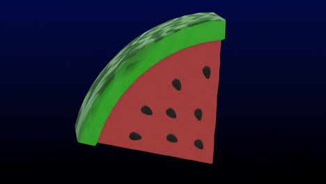 Animation-Eines-3D-Wassermelonenscheiben-Symbols,-Das-über-Blinkenden-Blauen-Ringen-Auf-Schwarzem-Hintergrund-Rotiert