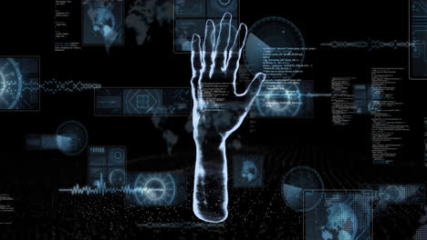 Animation-of-data-processing-over-hand-model-on-black-background