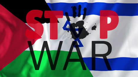 Animation-of-stop-war-text-over-israeli-and-palestine-flags