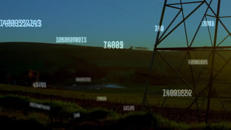 Animation-of-financial-data-processing-over-electricity-pylon-on-field