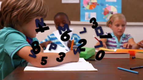 Animation-of-numbers-and-letters-over-diverse-schoolchildren-at-school
