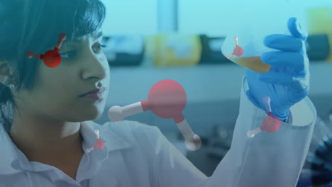 Animation-of-chemical-molecules-over-biracial-female-scientist-taking-sample-in-lab