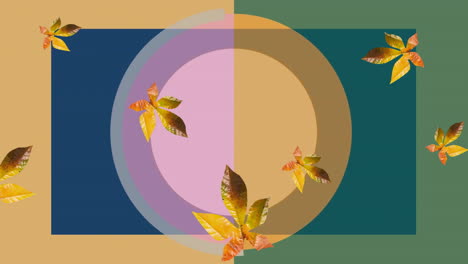 Animation-Von-Blättern-über-Bunten-Formen-Auf-Gelbem-Und-Grünem-Hintergrund