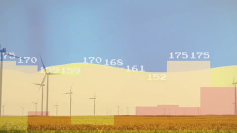 Animation-Der-Datenverarbeitung-Und-Diagramme-über-Windkraftanlagen-Auf-Dem-Feld