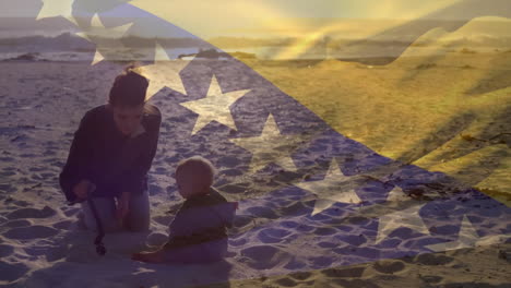 Animation-Der-Bosnischen-Flagge-über-Einer-Kaukasischen-Mutter-Und-Einem-Kind,-Das-Am-Sonnigen-Strand-Spielt