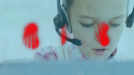 Animation-of-red-shapes-over-caucasian-businesswoman-using-phone-headset-in-office