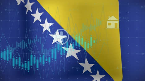 Animation-Von-Diagrammen,-Daten-Und-Energiesymbolen-über-Der-Flagge-Von-Bosnien-Und-Herzegowina