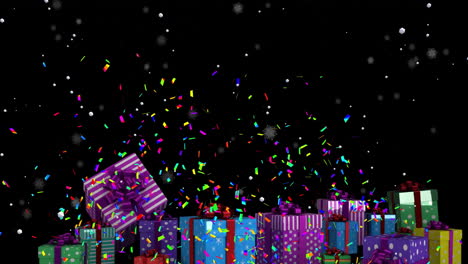 Animation-of-confetti-falling-over-christmas-presents-with-copy-space