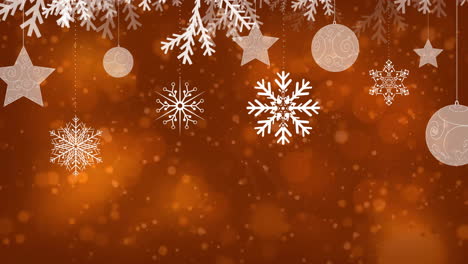 Animation-of-christmas-snowflakes-falling-and-spots-of-light-on-brown-background