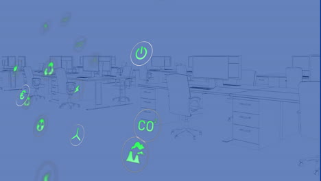 Animation-of-sustainable-icons-floating-over-digital-workspace-in-office