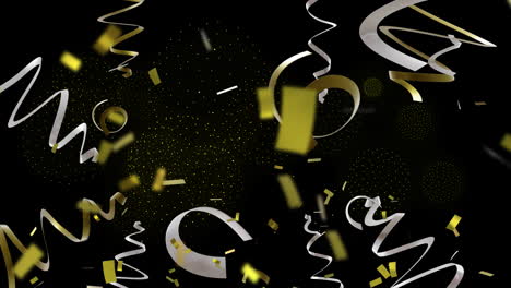 Animation-of-party-streamers-and-confetti-on-black-background