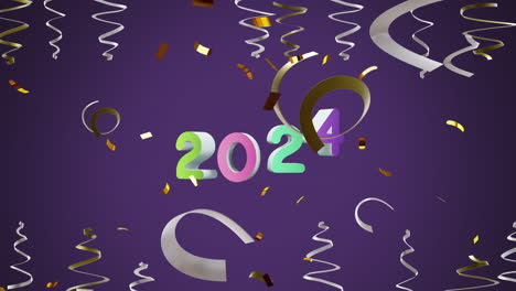 Animation-Von-Party-Luftschlangen-Und-Konfetti-Aus-Dem-Jahr-2024-Auf-Violettem-Hintergrund