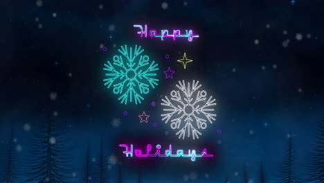 Animation-of-happy-holidays-neon-text-over-snowflakes-in-winter-scenery-background