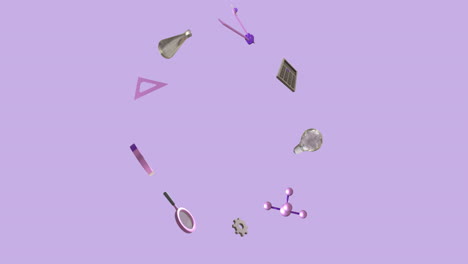 Animation-of-school-item-icons-moving-with-copy-space-on-purple-background