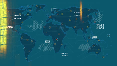 Animation-Fallender-Gelber-Blöcke-Und-Datenverarbeitung-über-Einer-Blauen-Weltkarte