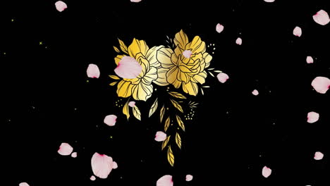 Animation-Von-Weißen-Blütenblättern-über-Blumen-Auf-Schwarzem-Hintergrund