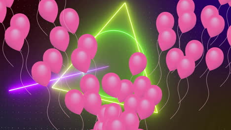Animation-of-pink-balloons-floating-over-colourful-scanner-on-black-background