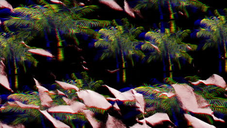 Animation-of-palm-trees-andmoving-and-changing-pink-texture-and-copy-space-on-black-background