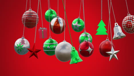 Animation-of-multicolored-baubles,-stars-and-bells-swinging-against-red-background