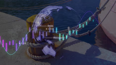 Animation-of-financial-data-processing-over-sea-port-and-globe