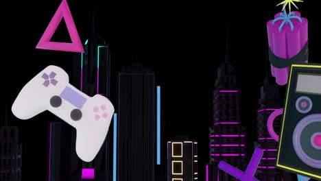 Animation-Von-Gaming-Symbolen-über-Der-Digitalen-Stadt