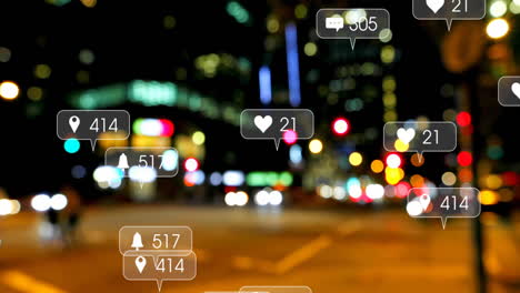 Animation-of-icons-and-data-processing-over-out-of-focus-city